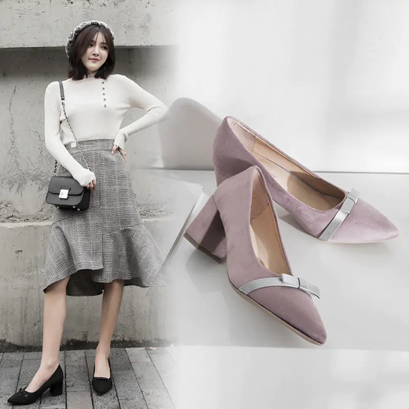 New Women's Black Suede Mid-Heel Pointed Shoes