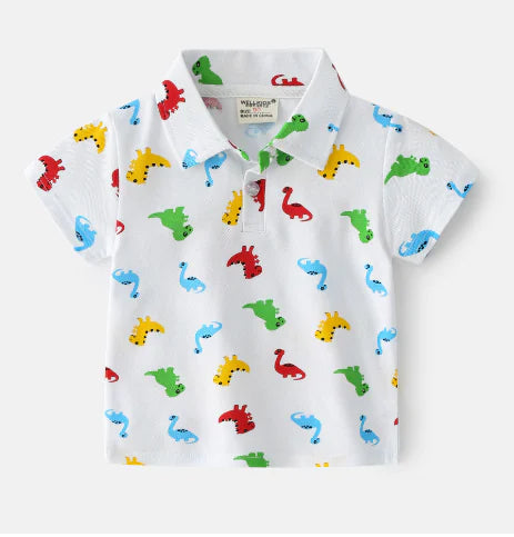 Summer Dinosaur Cartoon Print Boys' Short Sleeve Shirt