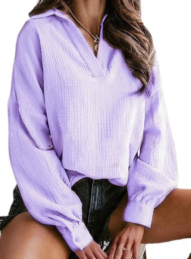 Lapel Lantern Long Sleeve Solid Color Shirt