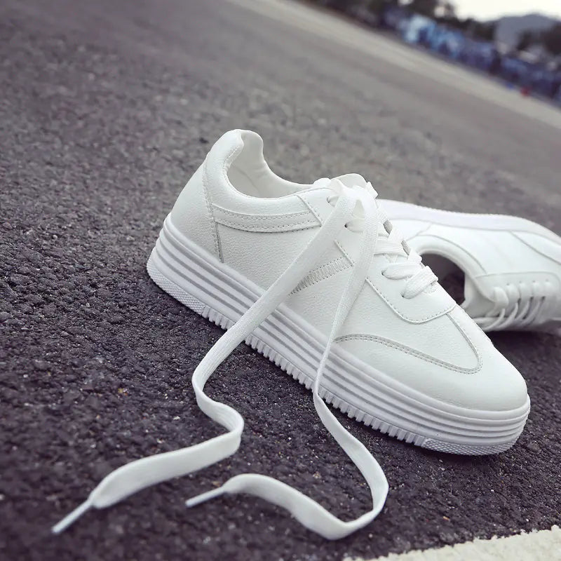 Thick Sole White Sneakers, Korean Style Lace-Up Shoes