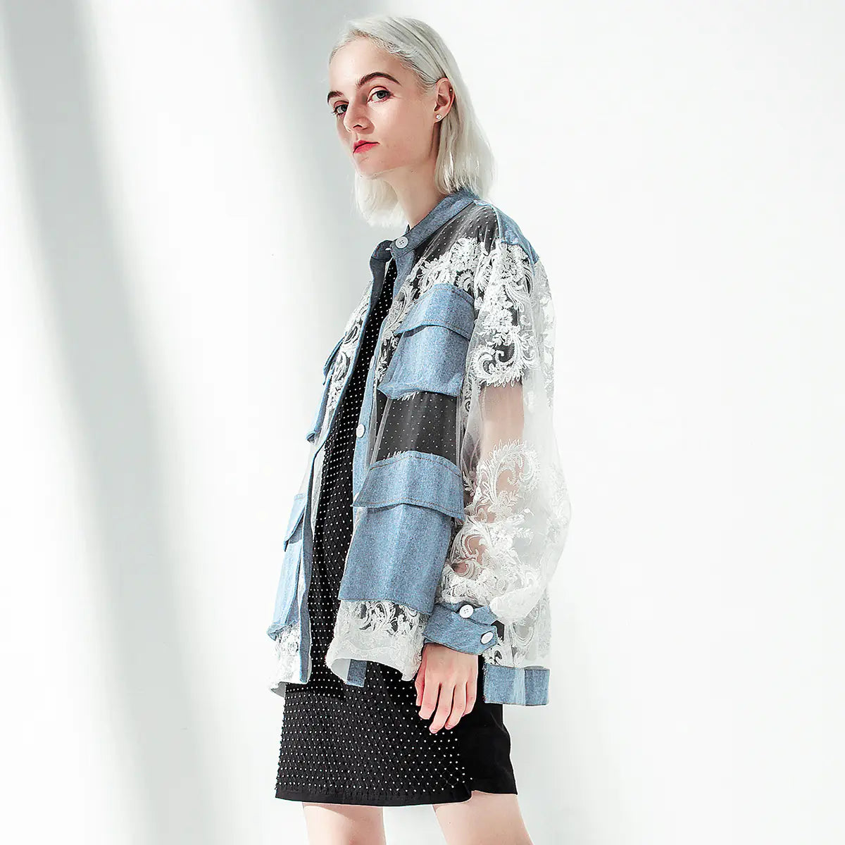 Oversized Sheer Lace-Trimmed Denim Jacket