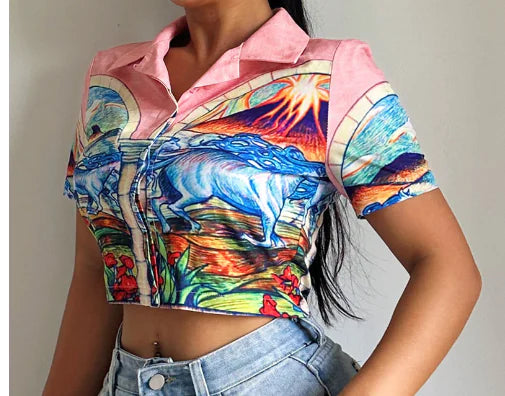 Retro Print POLO Lapel Short-Sleeve Women's Top