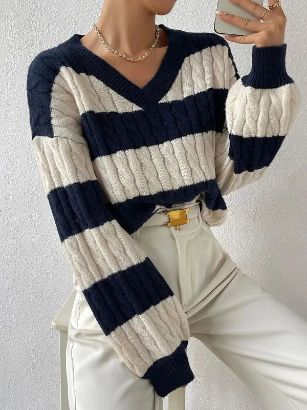 Color-Blocked Loose V-Neck Knitted Sweater for Women