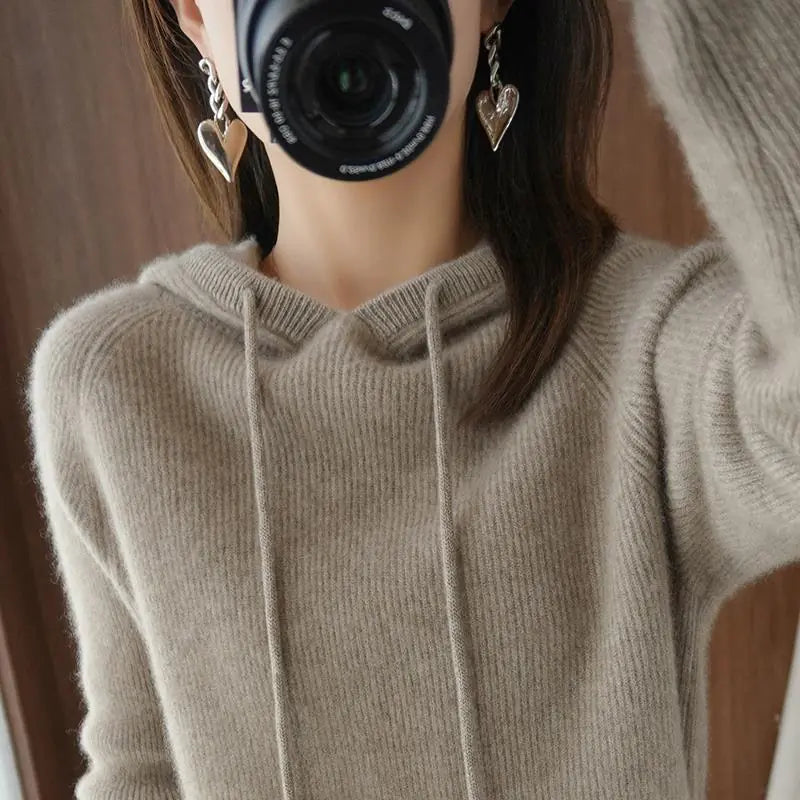 Women's Loose Short Hooded Cashmere Pullover Sweater