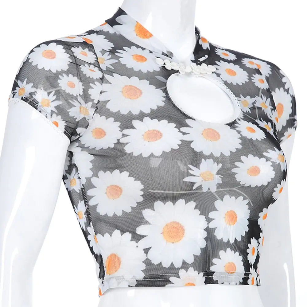 Sheer Mesh Turtleneck T-Shirt with Floral Short Sleeves