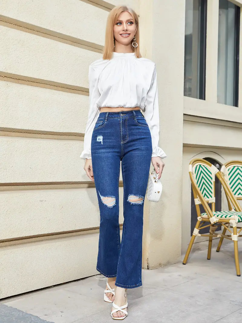 Women's Blue Ripped Flared High Waist Denim Jeans