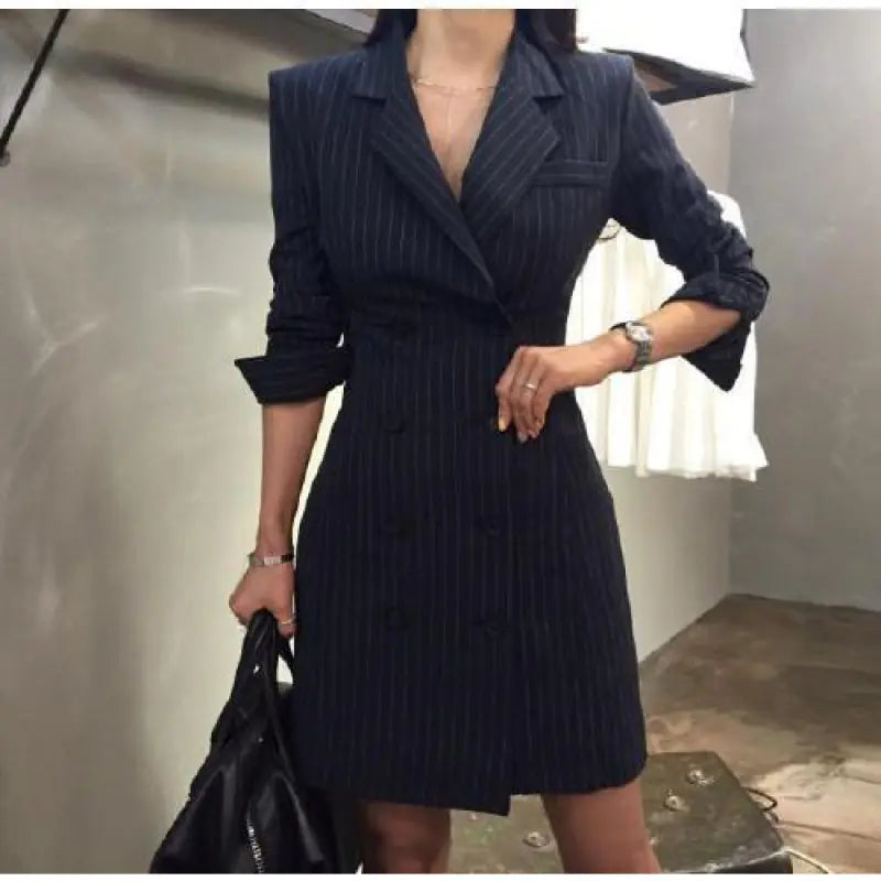 Korean Style Long Plaid Double-Breasted Dress