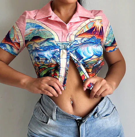 Retro Print POLO Lapel Short-Sleeve Women's Top
