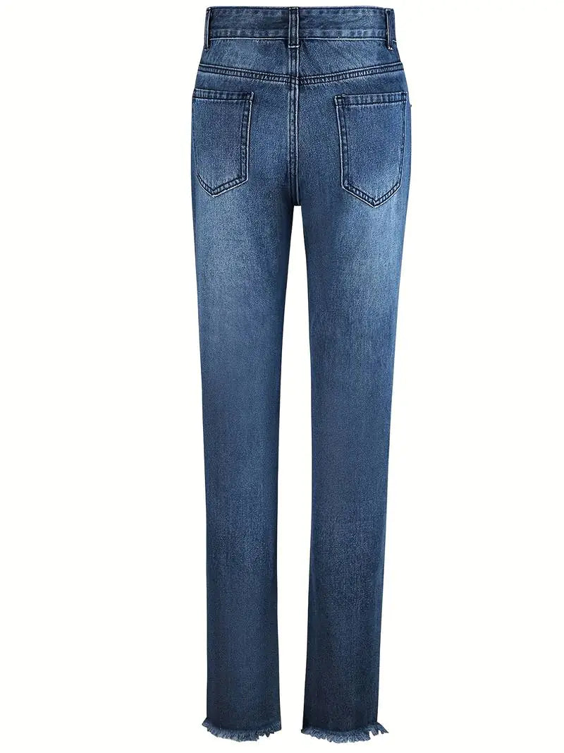 Blue Raw Hem Distressed Straight Jeans for Women
