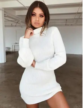 High Collar Slim Fit Long Sleeve Dress