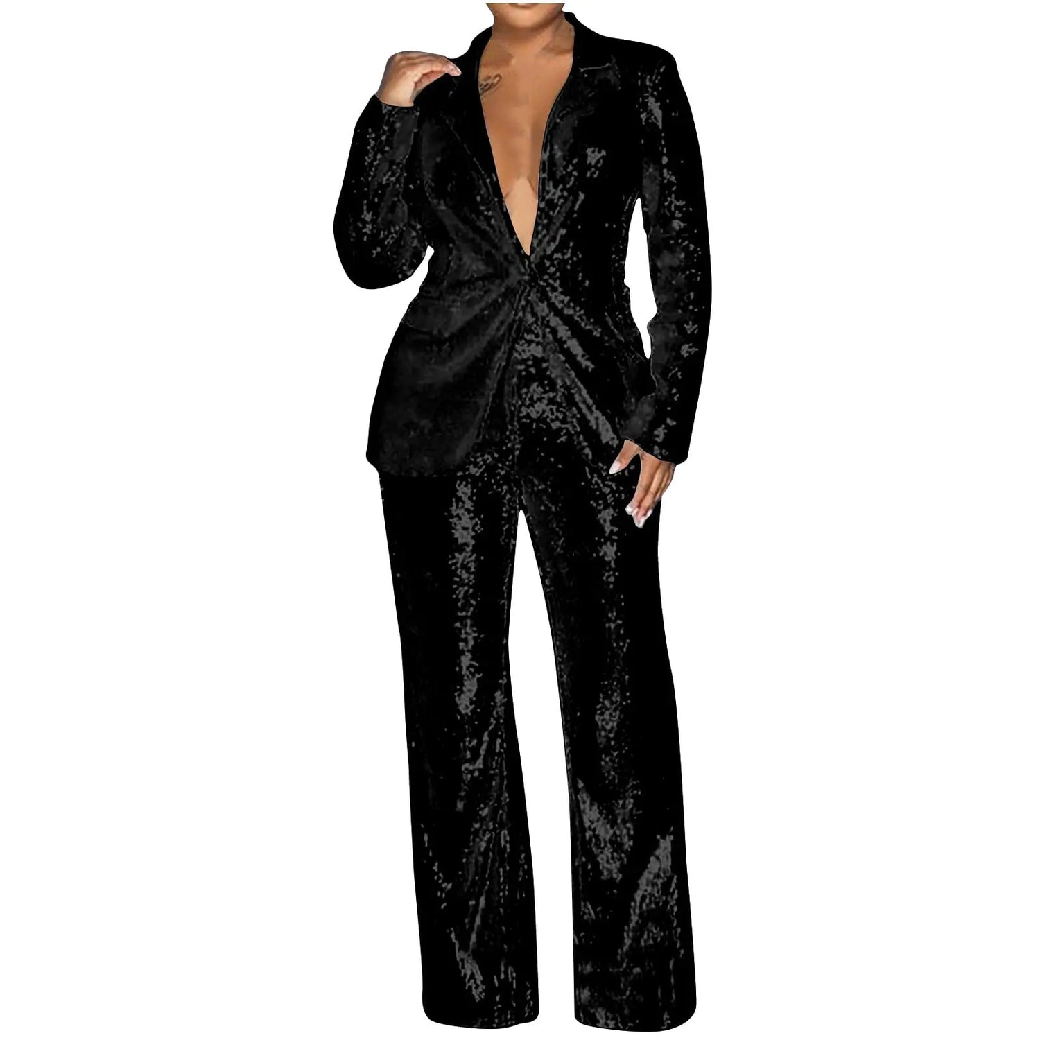 amaon Outlet Womens Sequin Suit Blazer 2-Piece Set Sparkly Slim Fit Disco Party Outfit Formal Sequin Jacket High Waisted Pant Suit Black