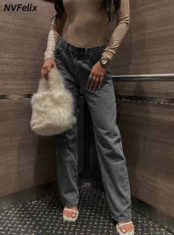 Women's Blue Ripped Straight Jeans with High Waist