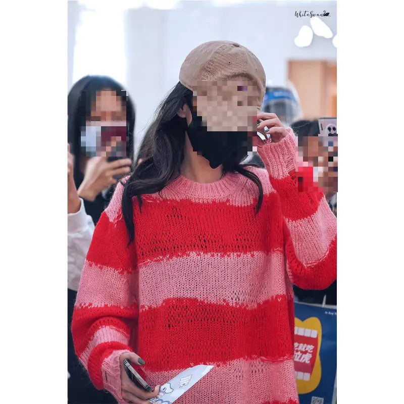 Women's Mohair Striped Ripped Thin Crew Neck Sweater