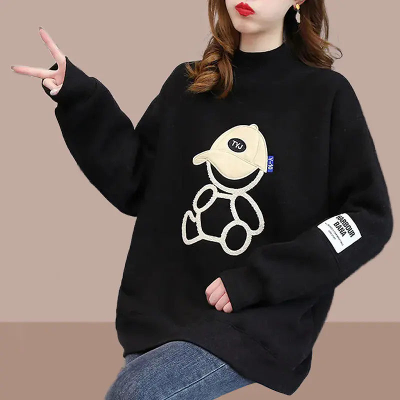 Casual Loose Cartoon Round Neck Cotton Sweater