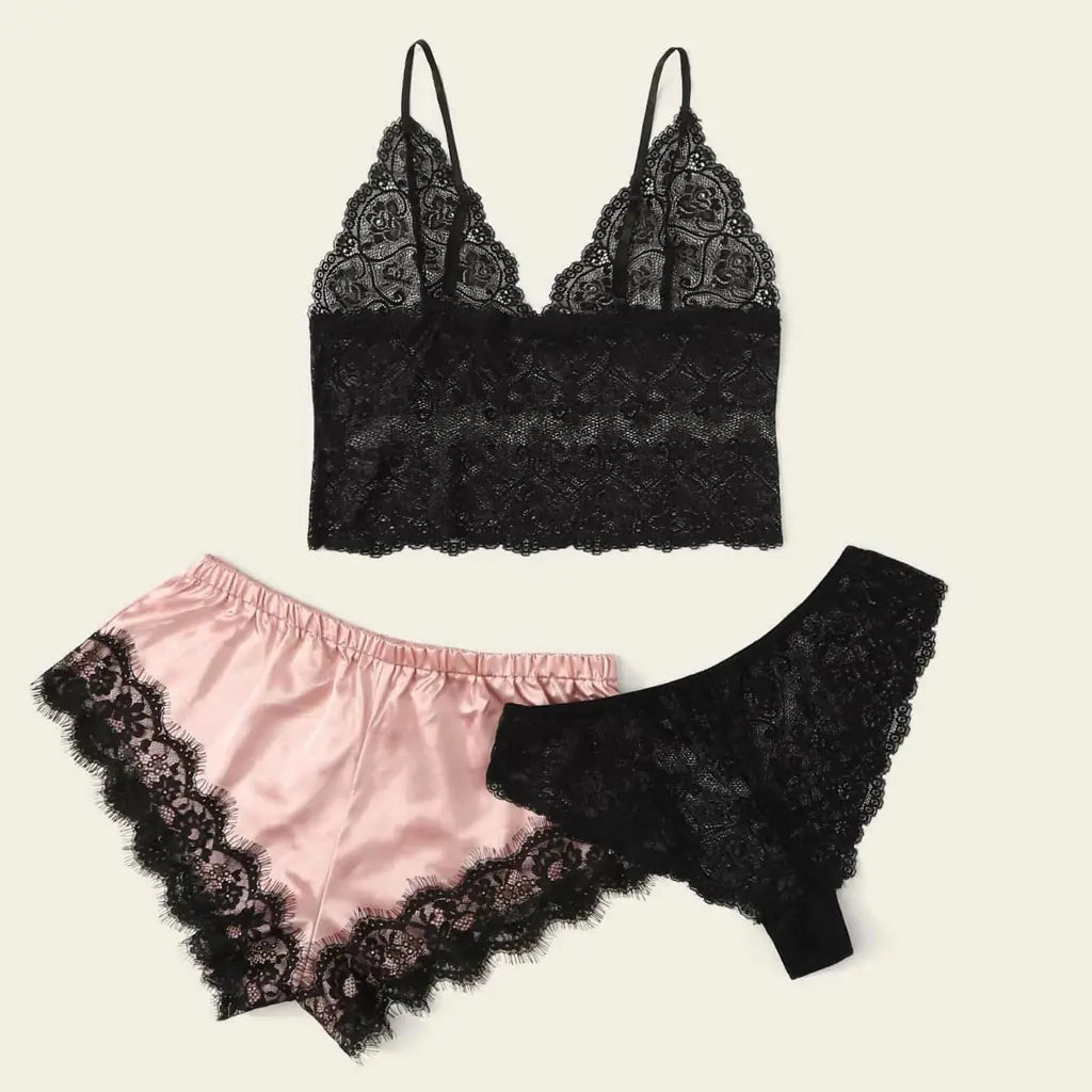 Women's 3-Piece Lace Pajama Set with Shorts and Top