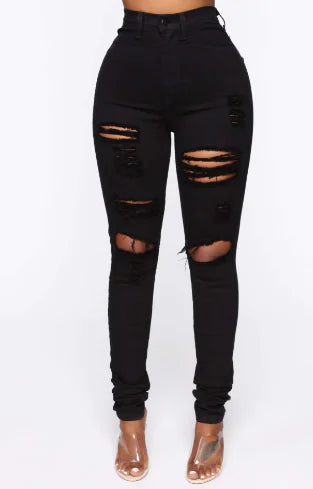 Black Raw Hem Skinny Jeans with Ripped Holes and Pockets