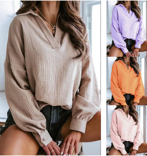 Lapel Lantern Long Sleeve Solid Color Shirt