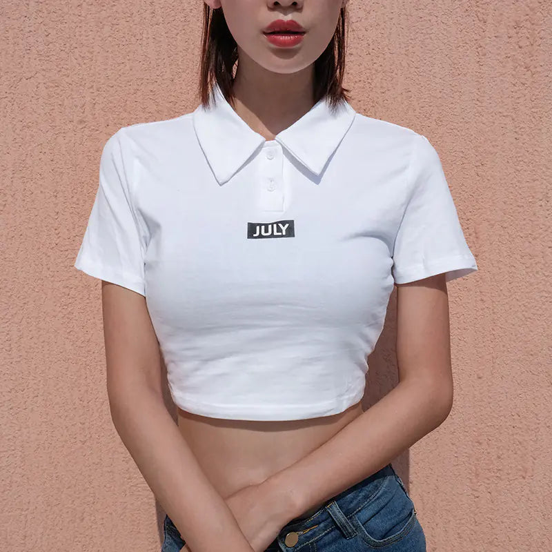 Short Cropped Polo Letter Print T-Shirt