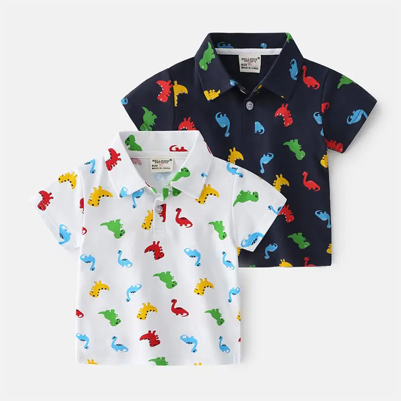 Summer Dinosaur Cartoon Print Boys' Short Sleeve Shirt