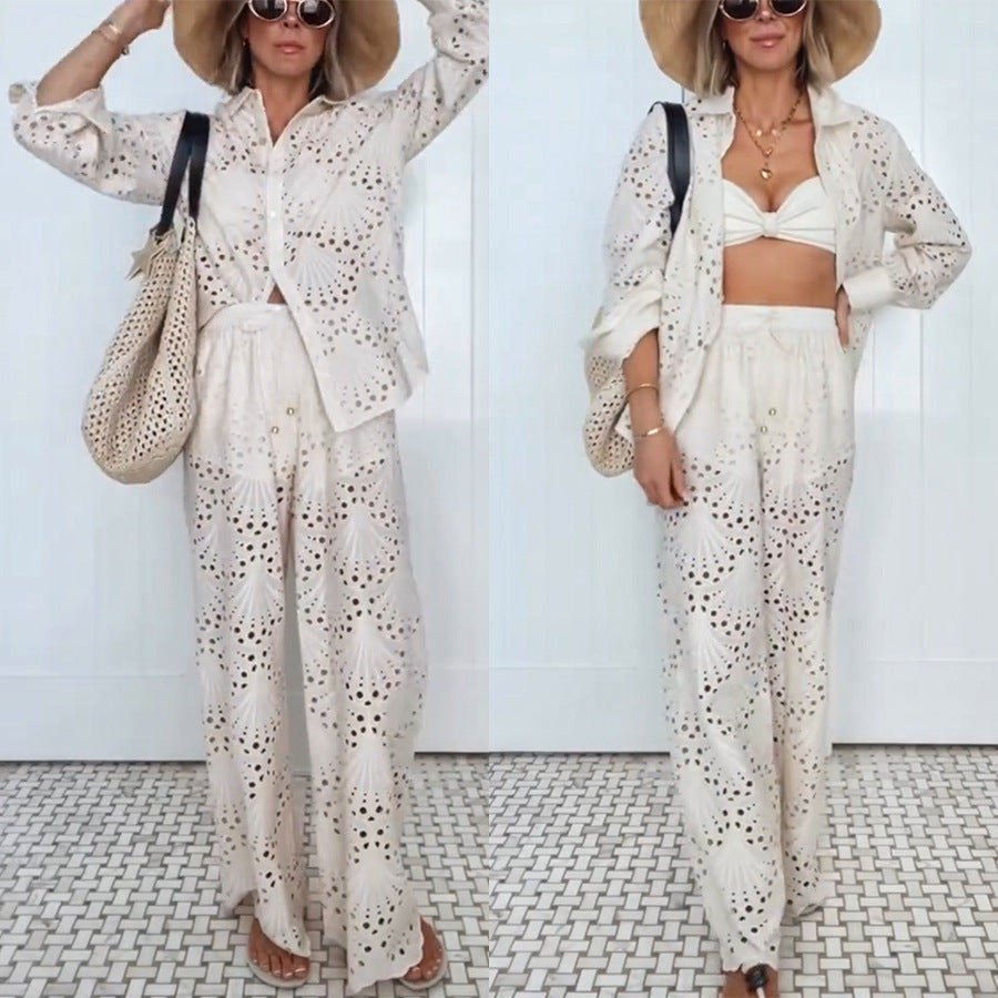Autumn and Winter New Long Sleeve Single Breasted Shirt Set INS Loose Holiday Trousers Two-piece Set