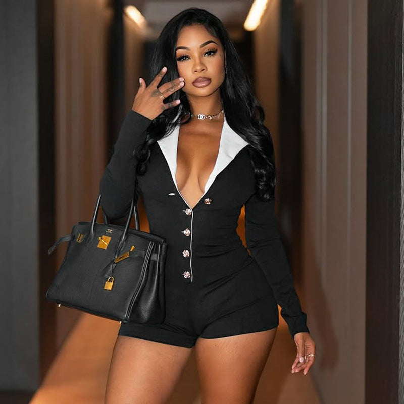 Rose metal button lapel long sleeved tight shorts jumpsuit