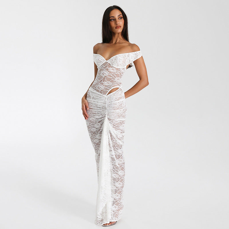 Lace dress sexy hollowed out see through jumpsuit half body long skirt two-piece set