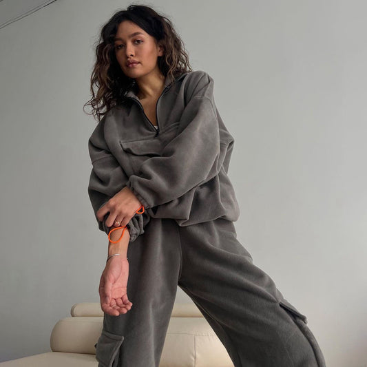 Zip Drawstring Hoodie with Large Pockets and Cuffed Pants Two-Piece Set for Women Trendy