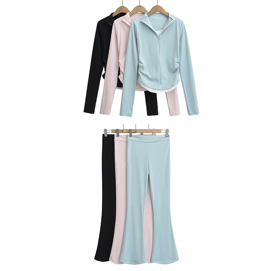 Fake two and a half zipper pleated tops+low waisted horseshoe micro flared pants