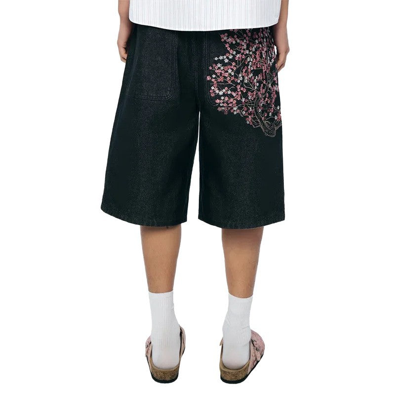 Retro Derschutze Embroidered Washed Denim Shorts High Street Three-Quarter Pants