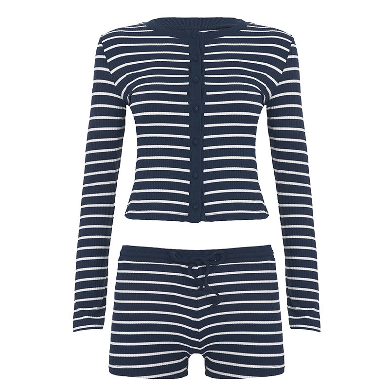 Simple Casual Striped Knit Two-Piece Women's Set Single-Breasted Cardigan Top and Low-Waist Belted Straight Leg Pencil Skirt Pants