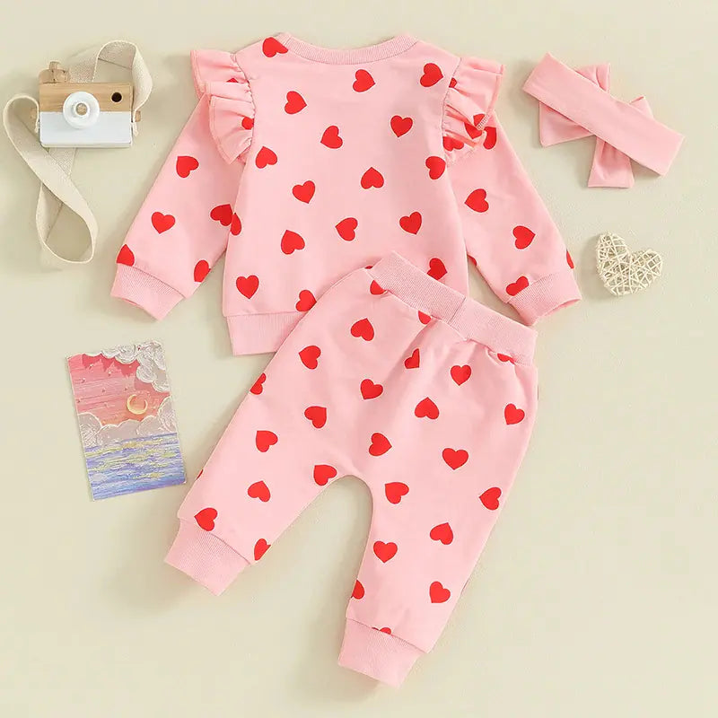 Heart Print Long Sleeve Hoodie 3-Piece Set