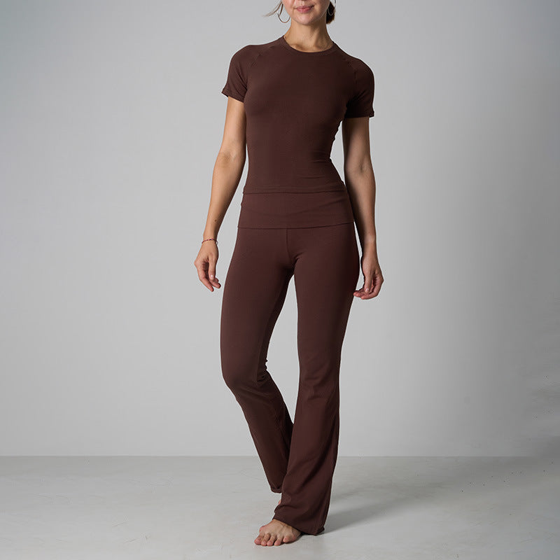 Classic Cotton Jersey Set -Casual Yoga Flare Pants with Short Sleeve