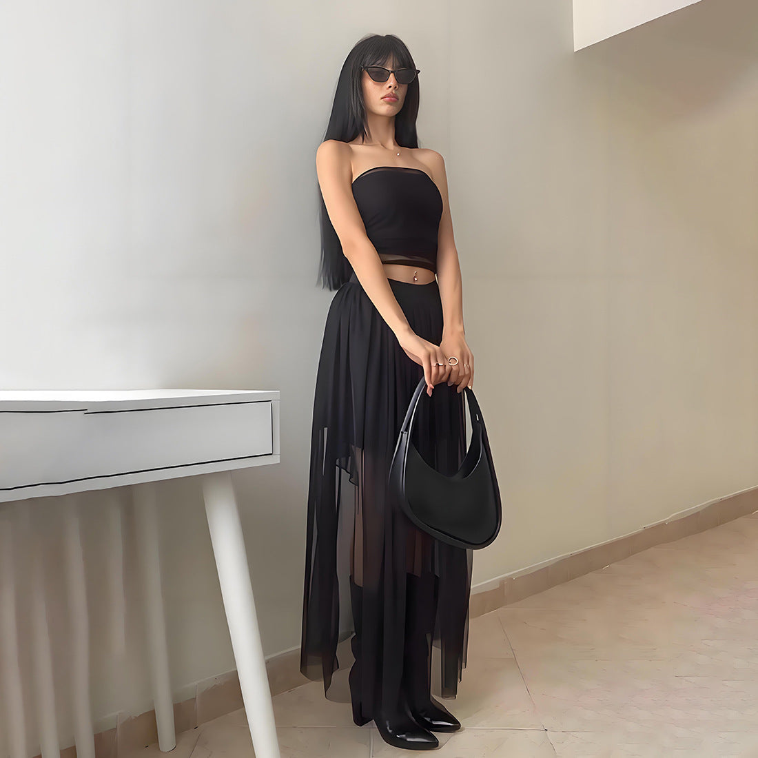 Solid color waist strapless top high waisted mesh skirt set for women