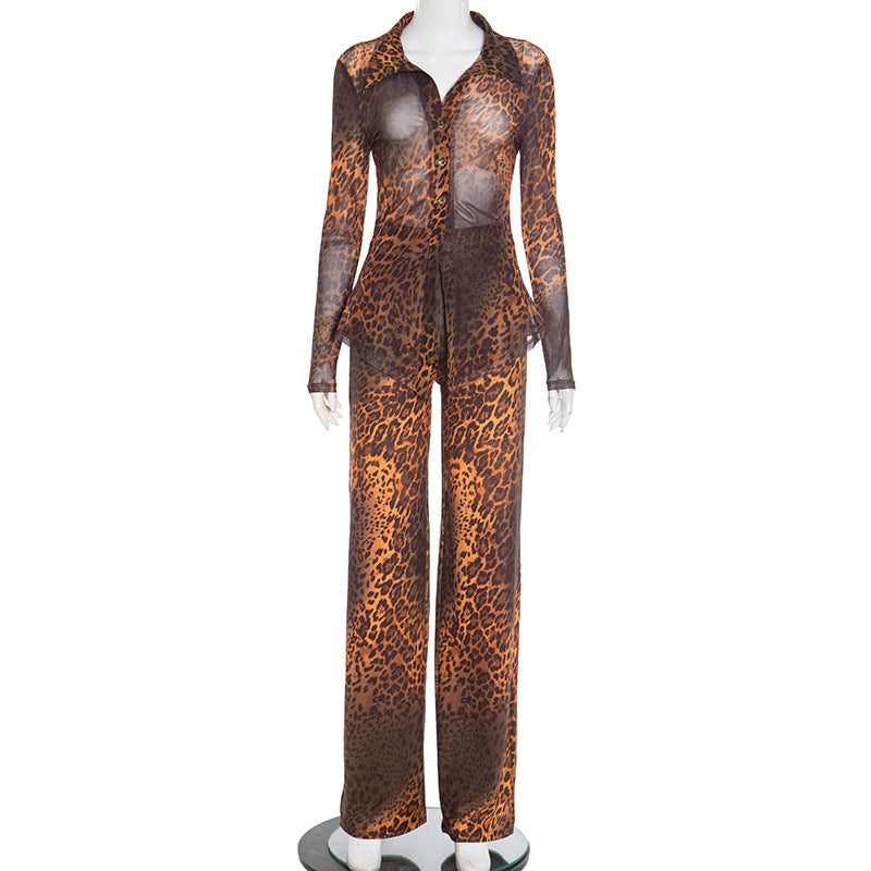 Leopard print mesh collar long sleeved button up cardigan flared pants two-piece set