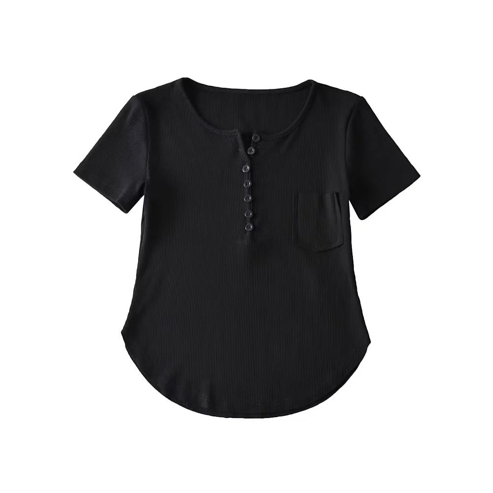 Round neck small breasted pocket short sleeved T-shirt