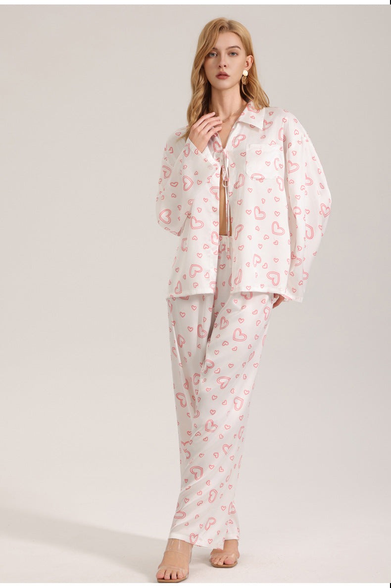 Three-Piece Pajama Set with Heart Print - Strap Top, Long Sleeve, and Long Pants for Women