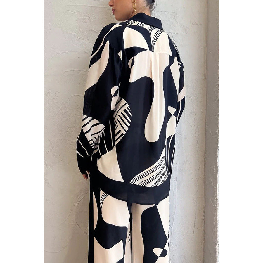 Autumn Winter New Turn-down Collar Casual Printed Long Sleeve Suit INS Loose Pocket Two-piece Set for Women