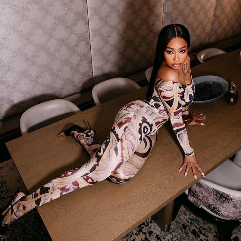 Printed one shoulder strapless long sleeved slim fit pants jumpsuit