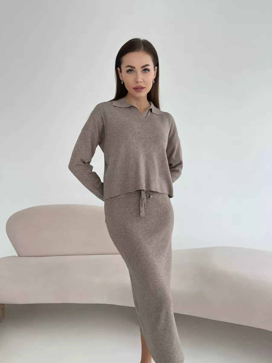 Style Knitted Suit Women's Core Spun Yarn Soft Slit Sweater with Belted Skirt
