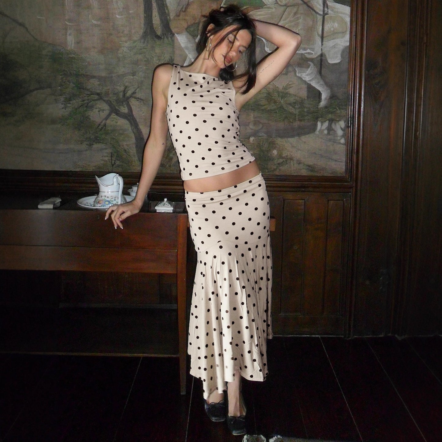 Elegant Polka Dot Sleeveless Short Top Set with Waist-Cinching Bodycon Figure-Flattering Mermaid Long Skirt