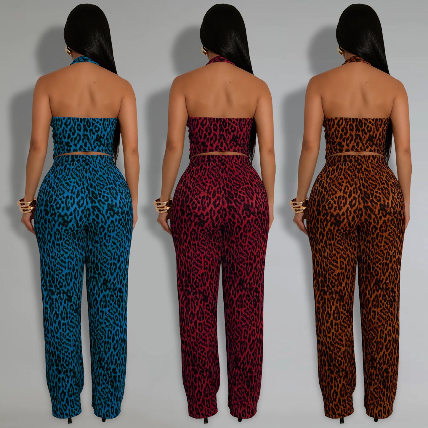 Women's Off-the-Shoulder Sexy Leopard Print Top and Long Pants Two-Piece Set