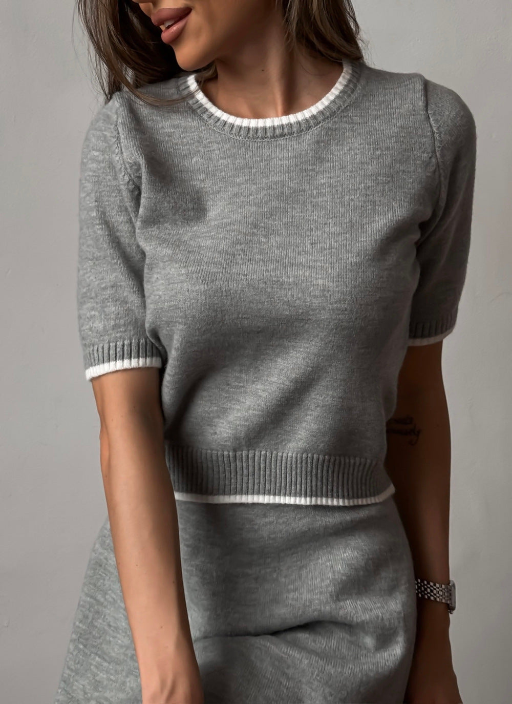 Women's Color Block Small Wind Knitted Top and Short Skirt Three-Piece Set