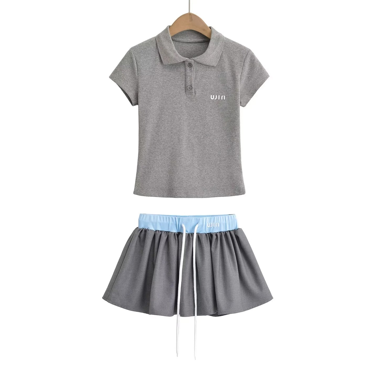 POLO collar contrasting letter print short sleeved T-shirt elastic waist drawstring skirt two-piece set