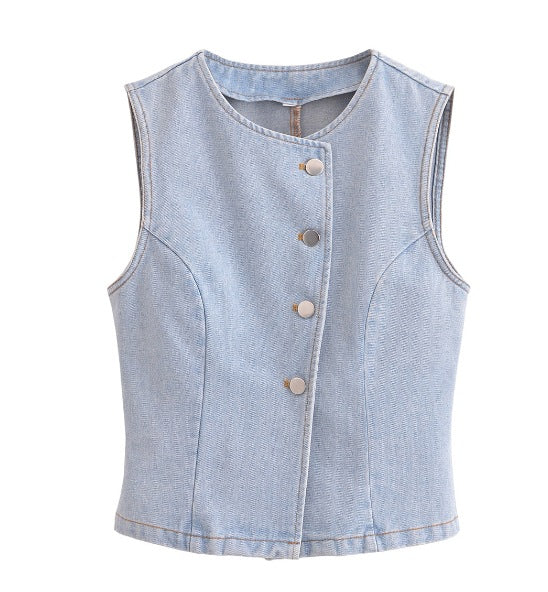 Women's Denim Vest + Front Slit Design Denim Skirt Set