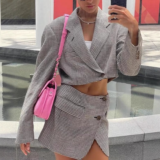 Women's Short Plaid Suit Jacket + Skirt Set