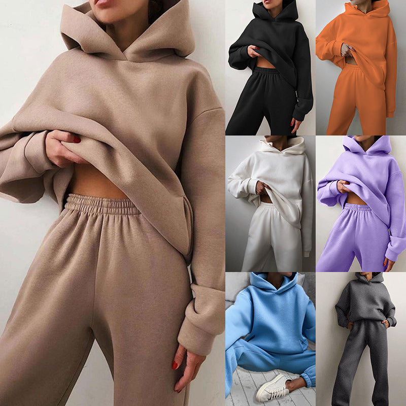 Women's Spring Hooded Set Solid Color Casual  Sports Sweatshirt Set