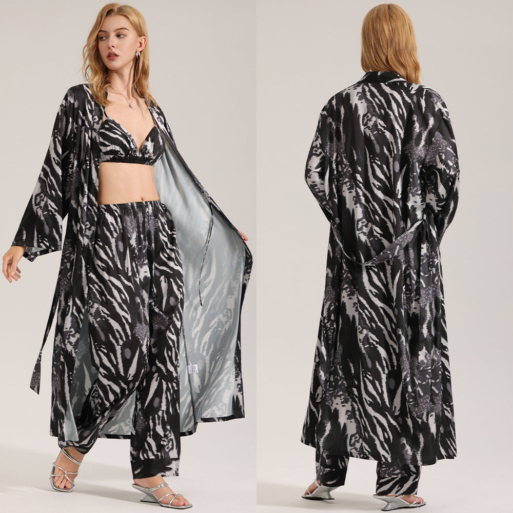 Women's summer long robe and pants three piece set