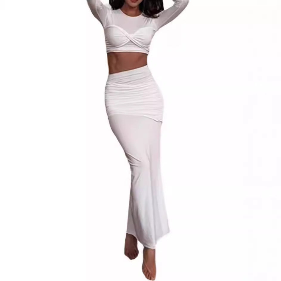 Casual solid color set fish tail skirt long sleeved crop top set