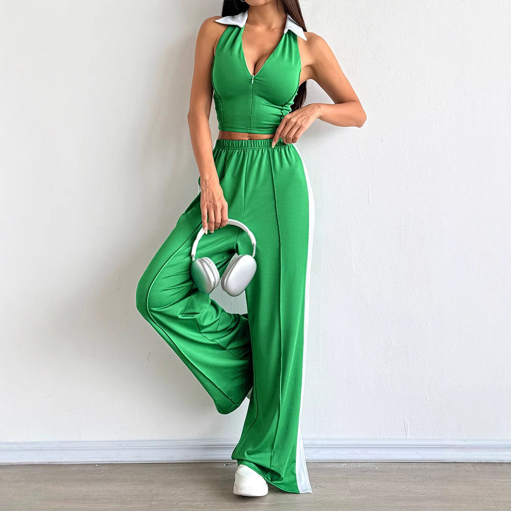 Sexy Backless Halter Top and Loose Long Pants Set