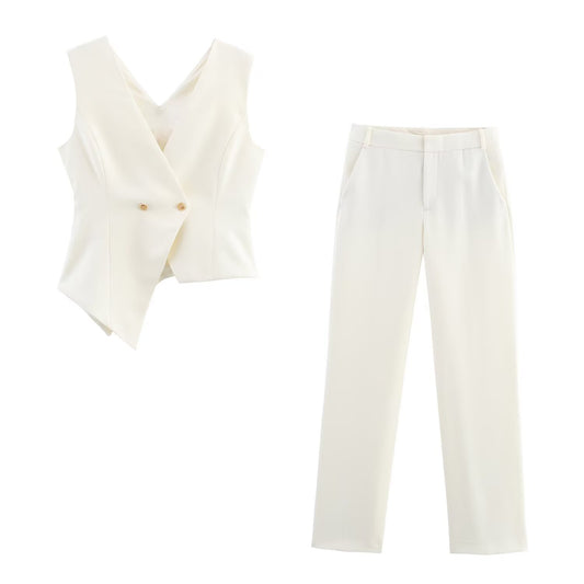 Asymmetric V-neck Sleeveless Crop Top + Low Waist Casual Long Pants